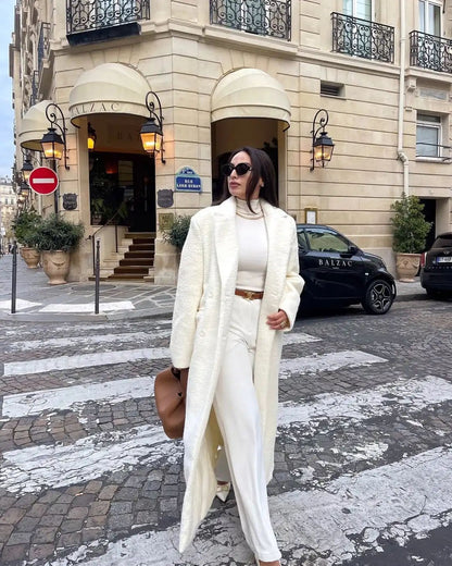 Elegant White Lapel Woolen Long Coat Women Fashion Full Sleeve Single-breasted Warm Loose Coats Lady Winter Commute Street Wear