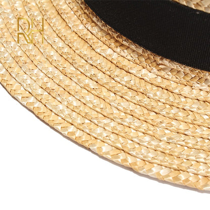 REHOOS Natural Wheat Straw Boater Fedora Top Flat Hat Women Summer Beach Flat Brim Cap Bowknot Ribbon For Holiday Party