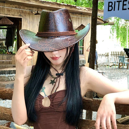 Cool Ethnic Style Western Cowboy Hat Roll Brim Wide Brim Cowgirl Jazz Hat Solid Color Polyester Visor Cap Cycling