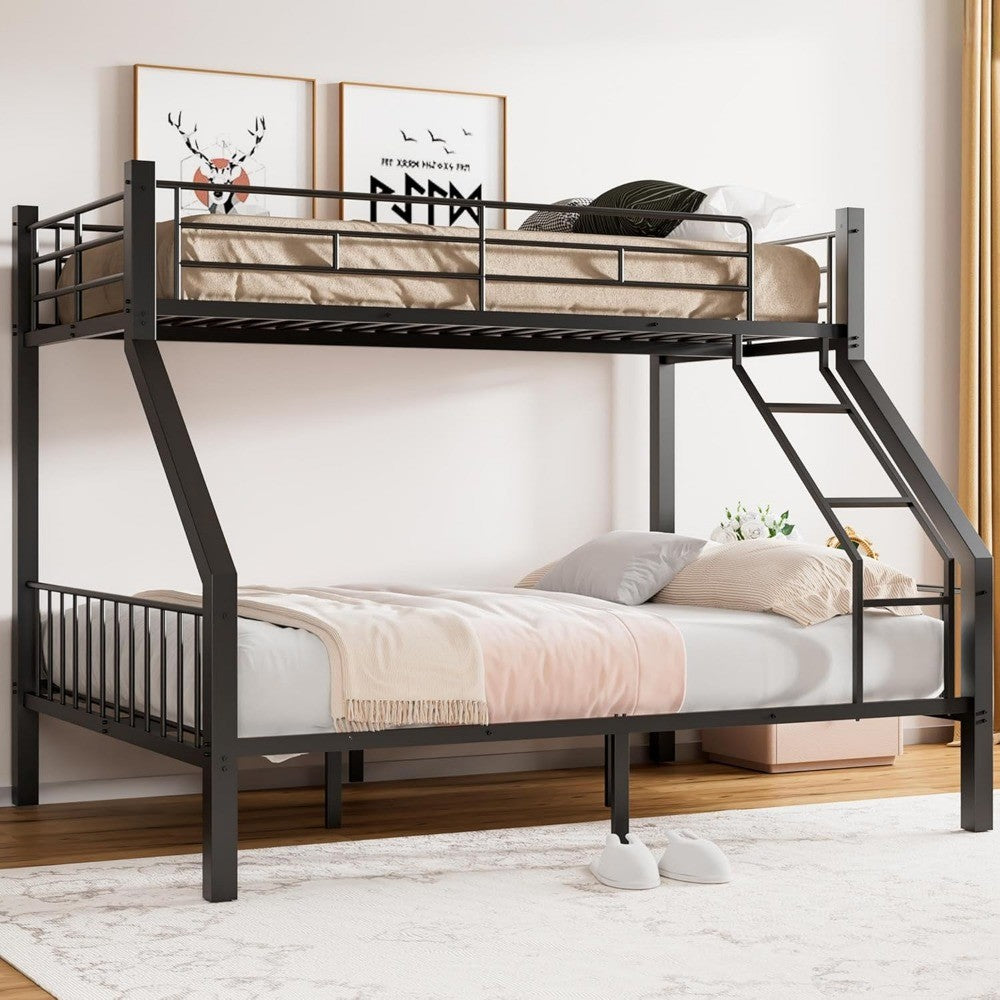 Twin XL Over Queen Bunk Bed, Heavy Duty Bunk Bed with Safety Ladder and Full-Length Guardrails, Metal Queen Bed Frame