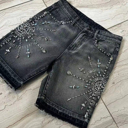 American Retro Washed Personalized Trend Street Loose Straight Diamond Decorated Denim Shorts for Men and Women