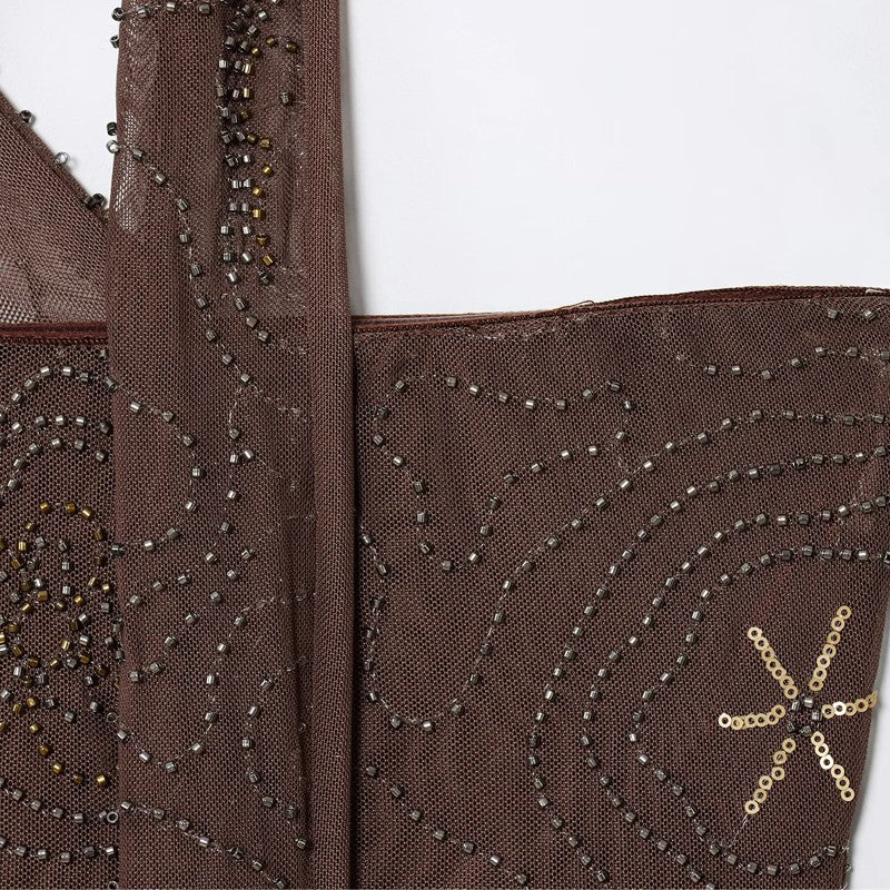 HXAO Women's Pants 2025 Beaded Tulle Pants For Woman Baggy Sequin New In Pants Spring Summer Semi Sheer Women's Trousers 088