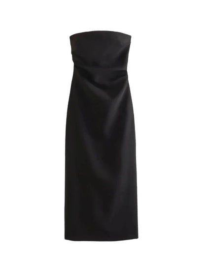 TRZA Women Fashion Strapless Gathered Midi Dress Sexy Straight Neck Back Slit Fe