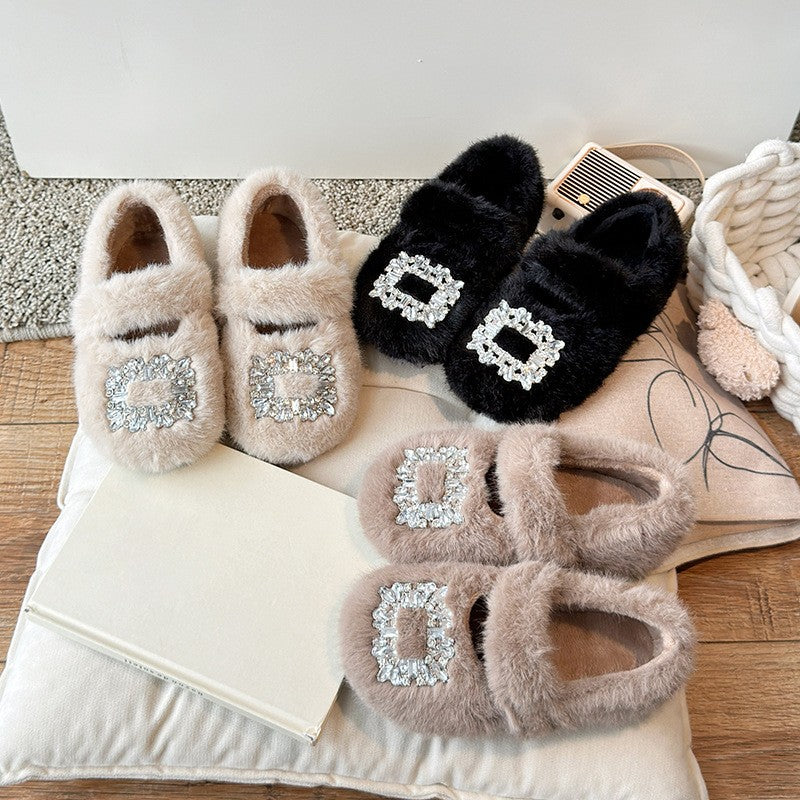 2025 Autumn Winter Children Warm Fur Shoes Fashion Rhinestone Moccasins Flats Outwear Girls Shoes Khaki, Beige, White