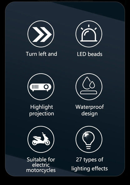 Nova lâmpada de sinalização de motocicleta LED com 27 modos Lâmpada de projeção colorida Luzes indicadoras de fluxo sequencial Luz de circulação