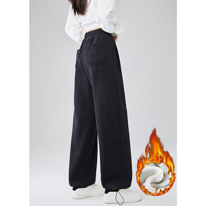 Winter Lady Snow Warm Thin Straight Leg Pants Girls Classic Daily Plush Trousers Women High Waist Thermal Fleece Pants