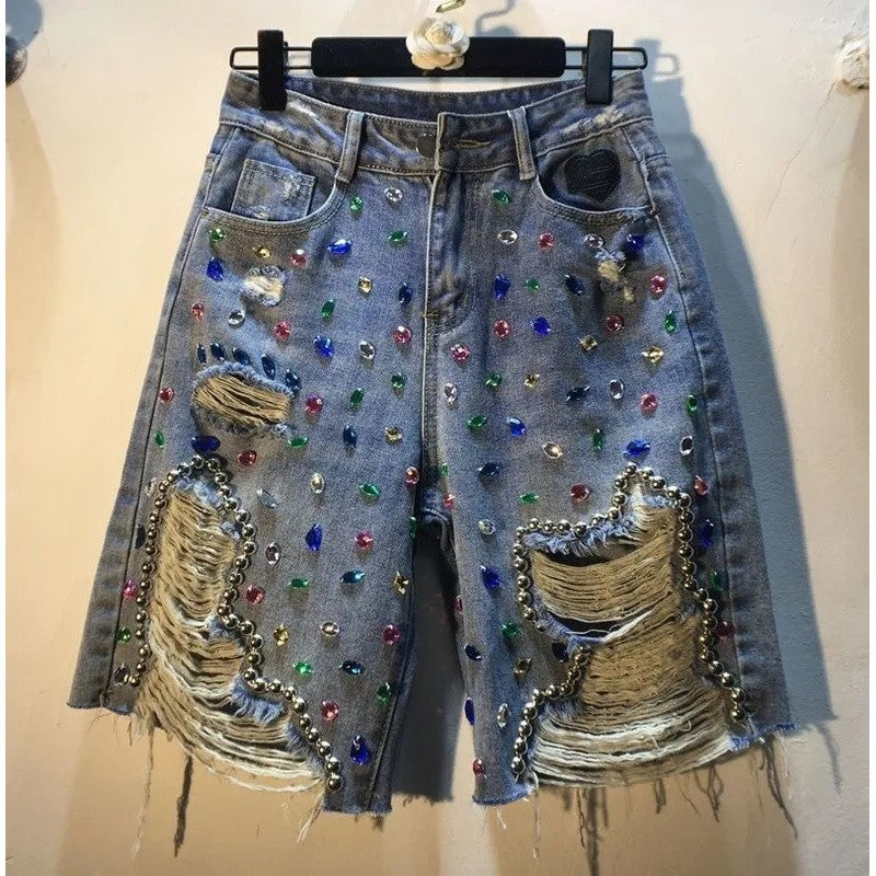2025 Summer Short Pants High Waist Jeans Hole Shorts Women Stretch Distressed Washed Diamonds Streetwear Straight Denims