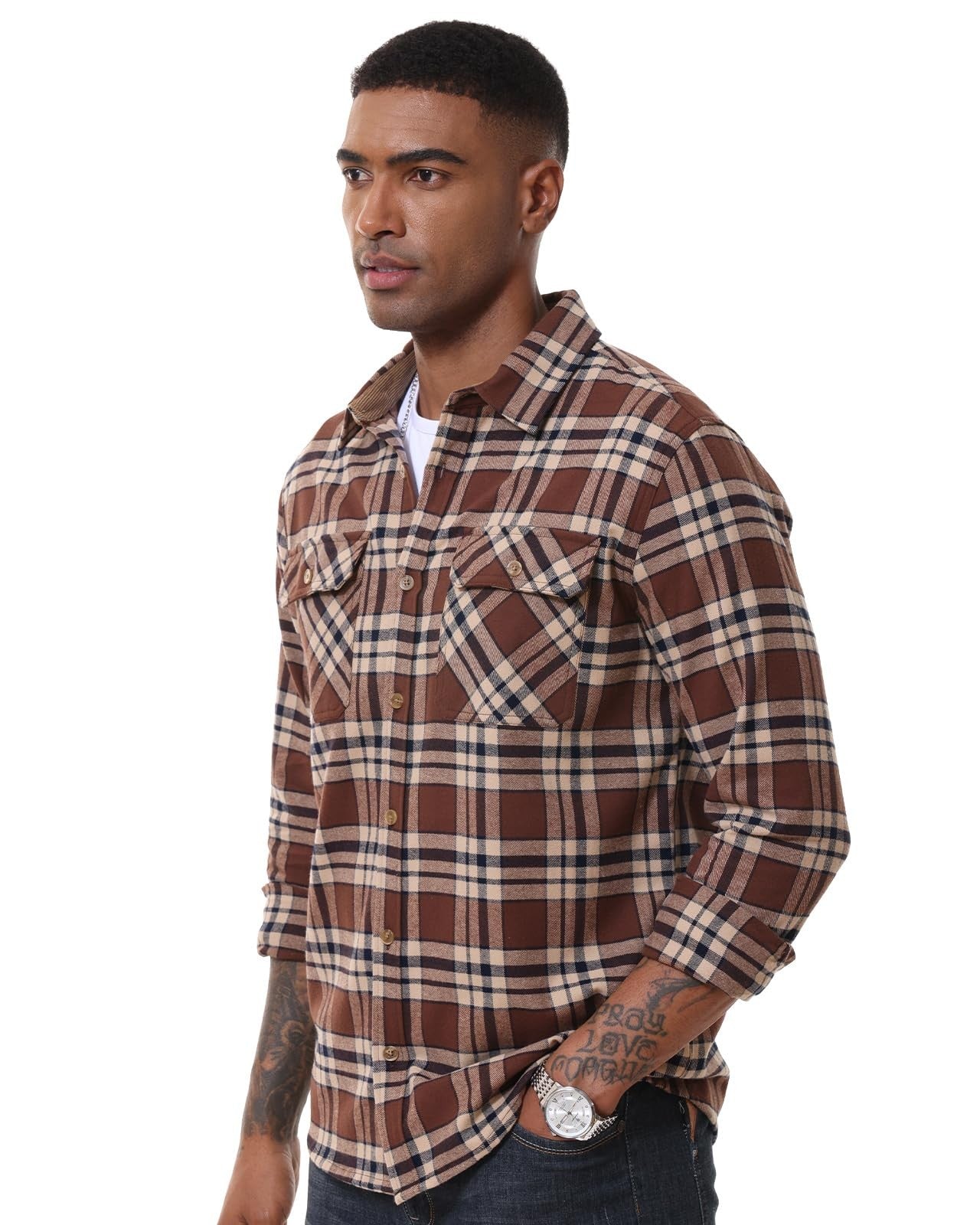 MAGCOMSEN Flannel Shirts Men's Long Sleeves Cotton Long Sleeve Plaid Shirt with 2 Pockets Button Down Casual Corduroy Shirt Male