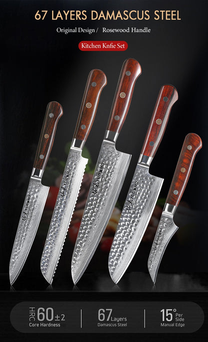 TURWHO 1-5 PEÇAS Facas Santoku Japonesas Facas de Chef Faca de Pão Aço Damasco de Alto Carbono 67 Camadas Conjunto de Facas Profissionais para Cozinha