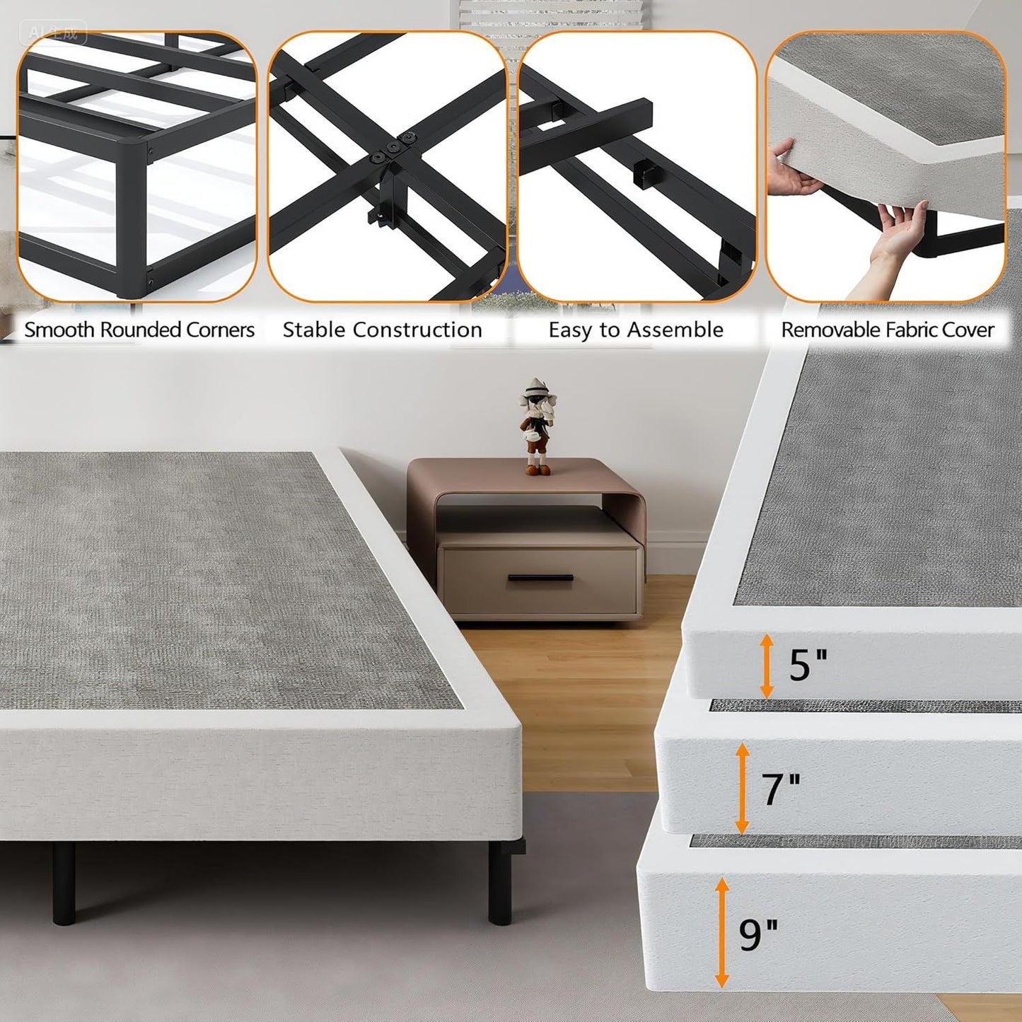 Base de Cama Box de Casal de 7 Polegadas, Base de Colchão Metálica Resistente de 3000 lbs, Montagem Fácil Sem Ferramentas