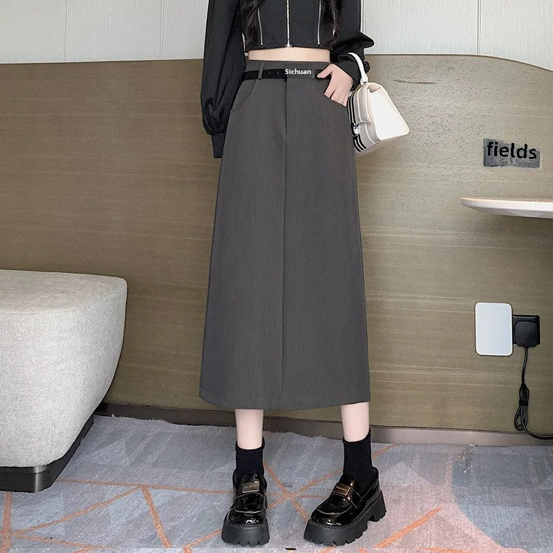 Grey High-waisted A- line Skirt Half Dress Petite Long Dress Autumn/winter For Women Side Slit Workwear