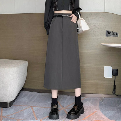 Grey High-waisted A- line Skirt Half Dress Petite Long Dress Autumn/winter For Women Side Slit Workwear