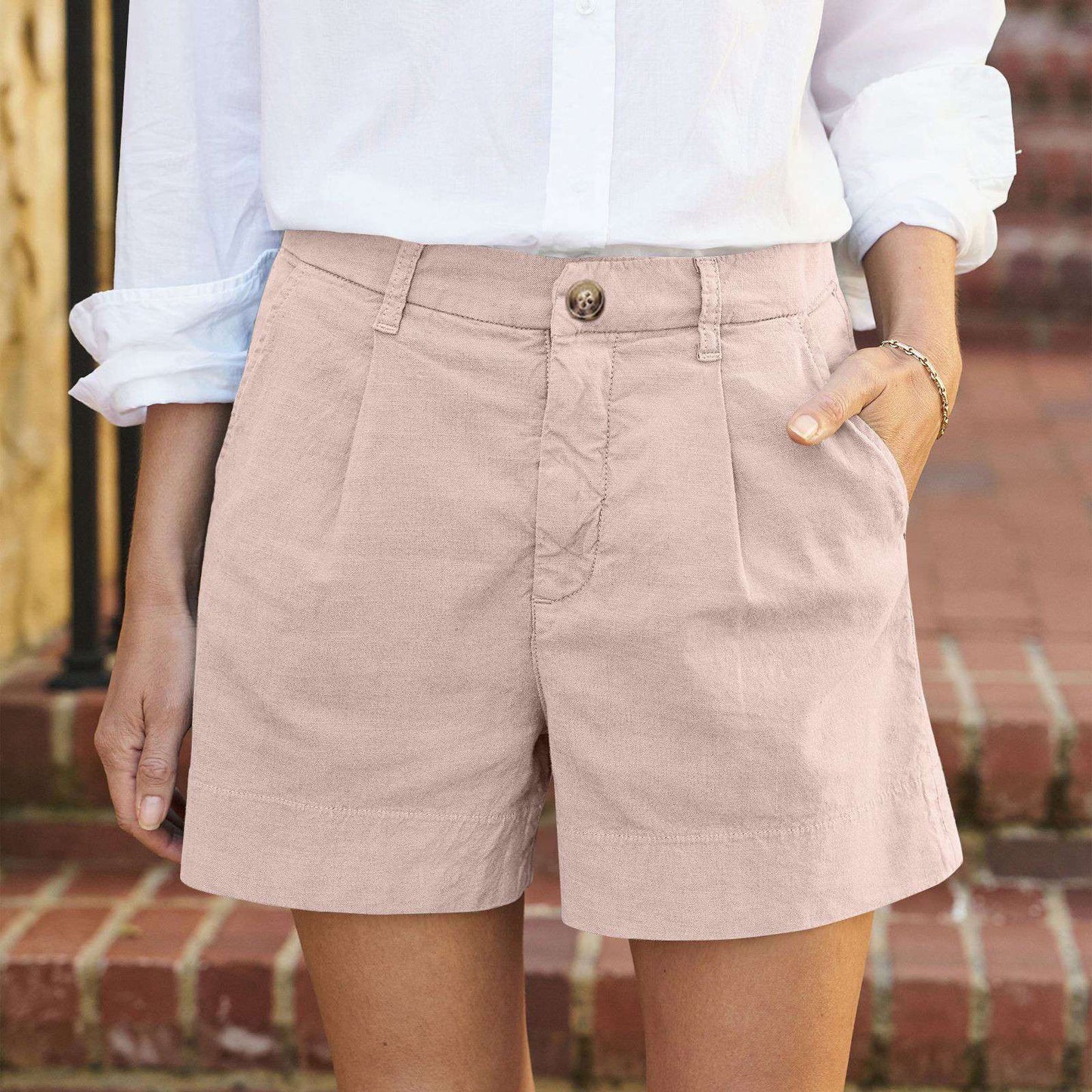Cotton Linen Solid Shorts For Women Button High Waist Summer Loose Casual Pockets Shorts Female Pants Women Clothing
