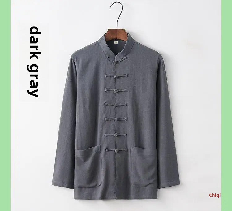 Spring Summer Long Sleeve Thin Men's Shirt Tang Suit Bamboo Cotton Linen Casual Vintage Chinese Style Kung Fu Tai Chi Tea Shirt