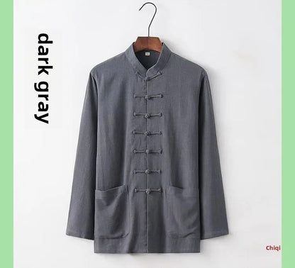 Spring Summer Long Sleeve Thin Men's Shirt Tang Suit Bamboo Cotton Linen Casual Vintage Chinese Style Kung Fu Tai Chi Tea Shirt