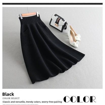 Autumn Winter Women's Mid-Length Knitted Pleated Skirt High Waist A-Line Long Skirt Loose Fuzzy Wool Skirt Double ket