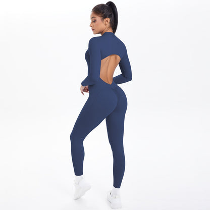 Women's Seamless Yoga Jumpsuit - Front Zip Open Back Breathable One-Piece Bodysuit for Gym Running Fitness Workout