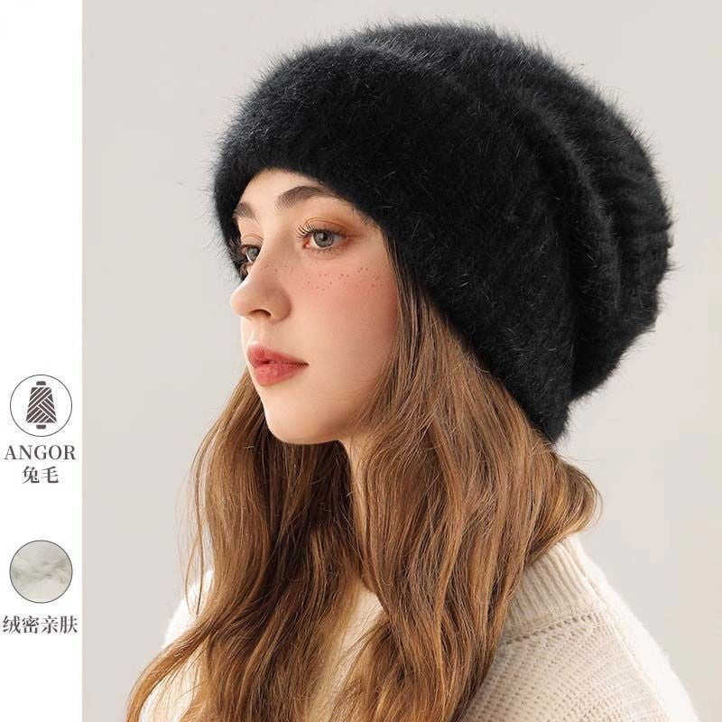 Angora Rabbit Fur Beanies Women's Warm Fluffy Knitted Slouchy Beanie Hat Female Soft Oversize Thermal Hats Autumn Winter
