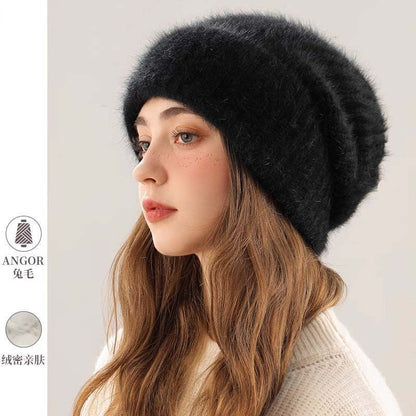 Angora Rabbit Fur Beanies Women's Warm Fluffy Knitted Slouchy Beanie Hat Female Soft Oversize Thermal Hats Autumn Winter