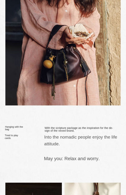 Songmont Genuine Leather Mini Bucket Bag Adjustable Drawstring Multi Straps White Black Blue Casual Chic Crossbody Bag Oversized