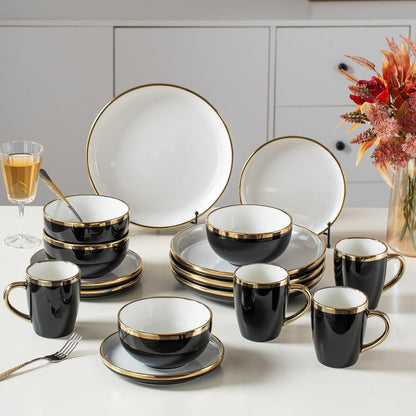 Black Ceramic Dinnerware Sets for 4, 16-Piece Contrast Plates and Bowls Set with Gold Rim, Crack Resistant | Dishwasher & Freeze