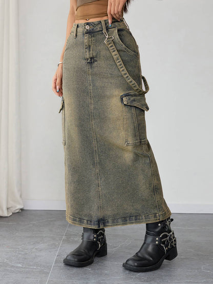 Modern Office Style Women's Denim Maxi Skirt High Waist Long Jean Pants Minimalist Workwear Fashion Clothing