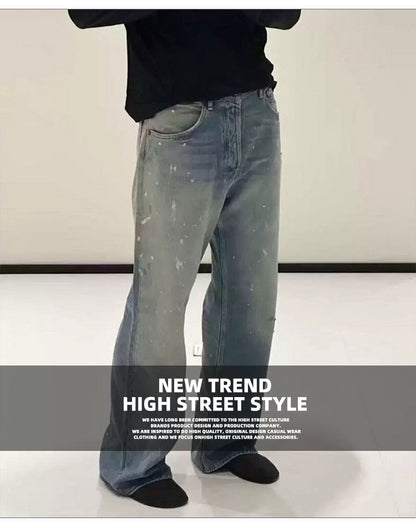 MIJKO Tie Dye Splatter Paint Denim Jeans Men's Loose Wide Leg Jeans American TJ131