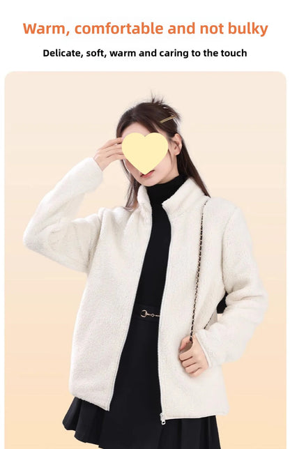 Women's Double-Sided Fleece Jacket Grey Warm Stand-Collar Thick Winter Outerwear Trendy Sweatshirt Style Casual Loose Fit