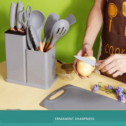 Conjunto de utensílios de cozinha de silicone, 19 peças com cabo de madeira, espátula, panela antiaderente e balde de armazenamento de facas multiuso integrado
