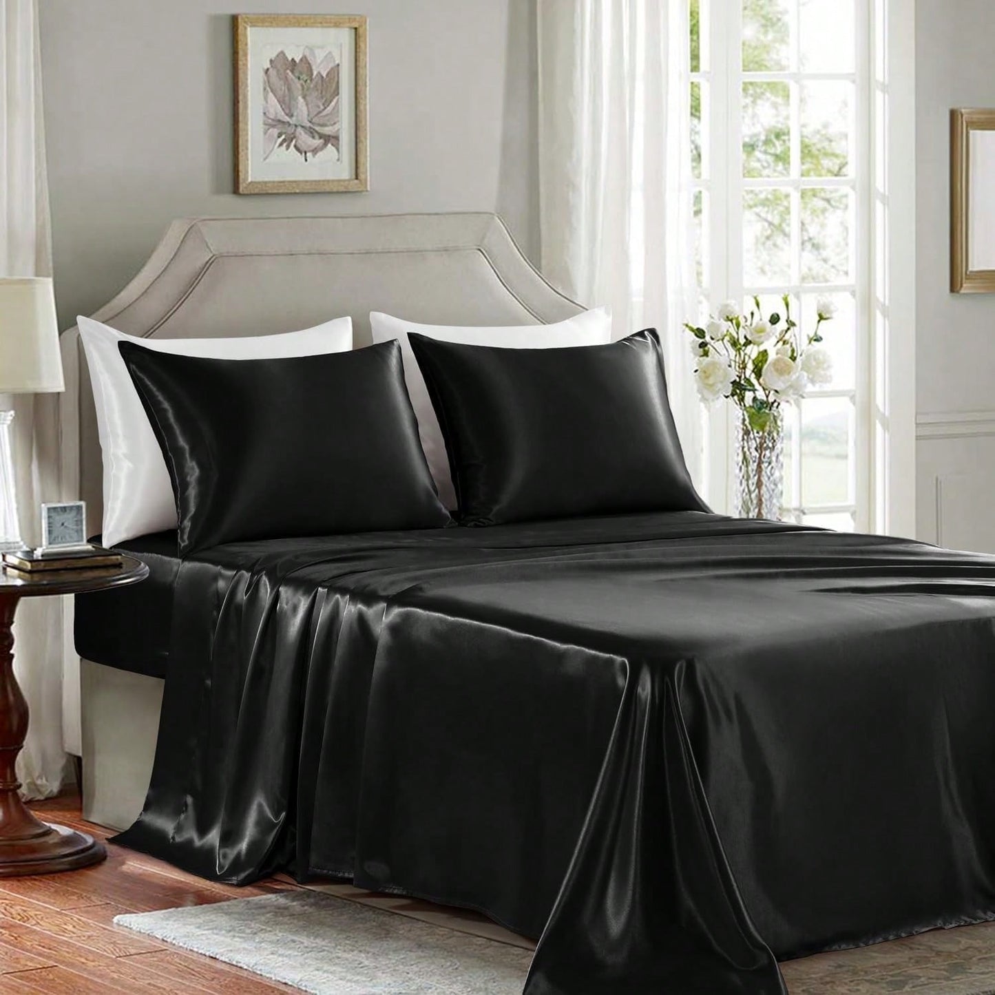 Conjunto de Lençóis Sedosos e Luxuosos de 3/4 Peças, Lençóis Macios de Bolso Profundo, Conjunto de Cama Refrescante, 1 Lençol de Elástico, 1 Lençol de Cima, 1/2 Fronhas
