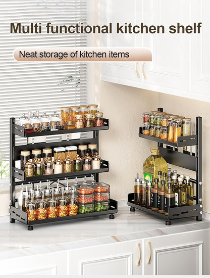 3 Tier Spice Storage Rack for Countertop Adjustable Spice Organization for Cabinet Kitchen Organizer Metal Shelf Black