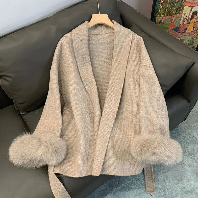 New Natural Fox Fur Thick Double-sided Wool Coat Female Short Autumn Winter Loose Lace-up Woolen Coats Women Fashion Overcoats