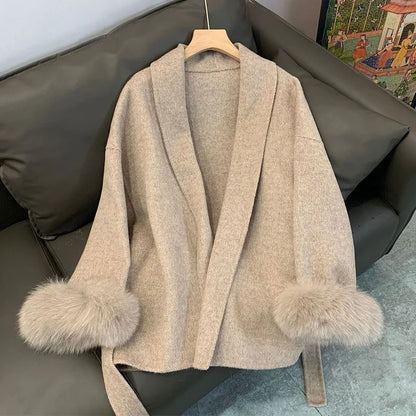 New Natural Fox Fur Thick Double-sided Wool Coat Female Short Autumn Winter Loose Lace-up Woolen Coats Women Fashion Overcoats