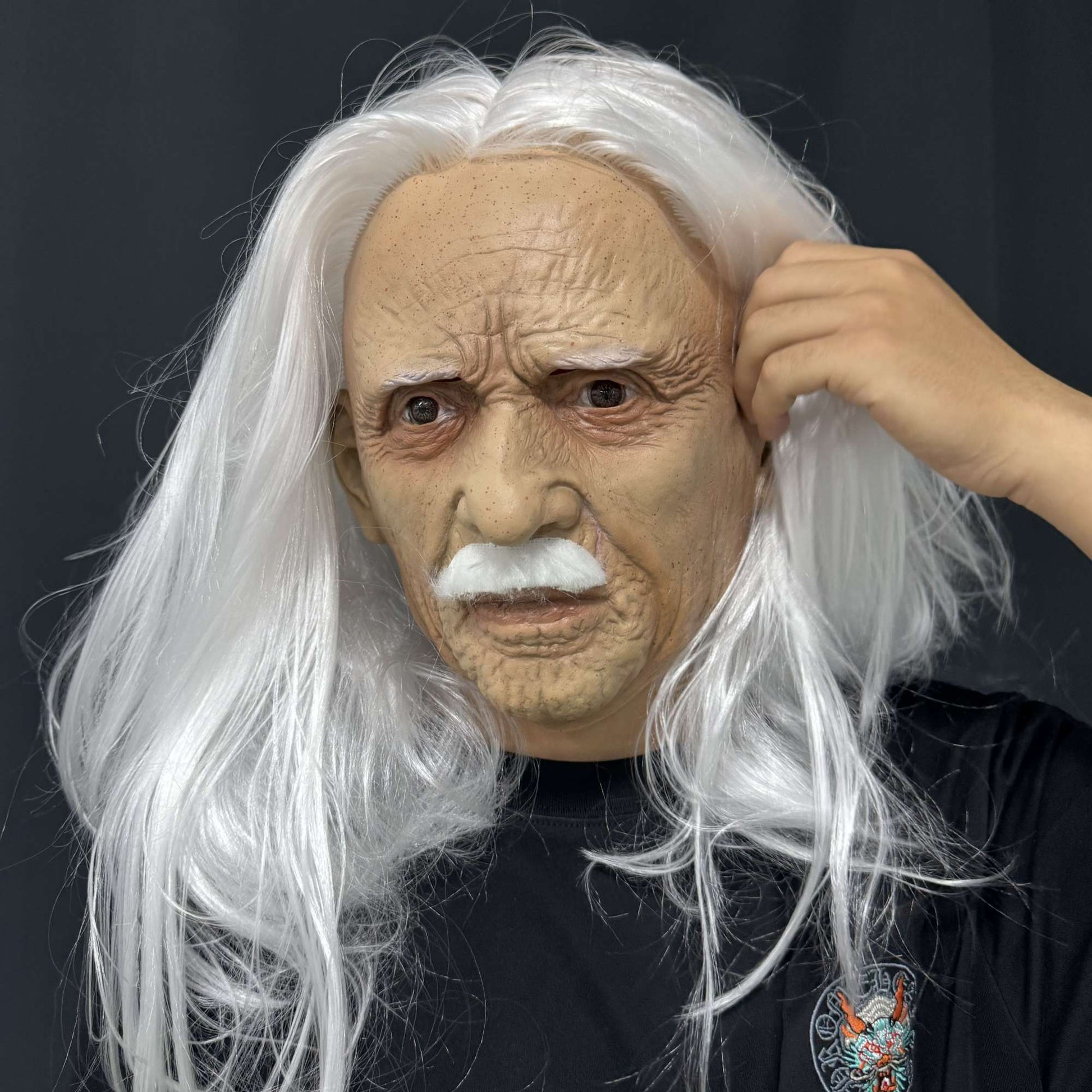 Realistic Old Man Latex Mask with Long White Hair & Mustache – Full Head Cosplay Helmet for Halloween Costume Party Props