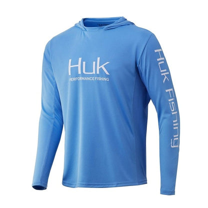 Camisas de Pesca HUK com Capuz Manga Longa Proteção UV Masculina Roupa de Pesca Camuflada de Verão para Homens com Absorção de Umidade