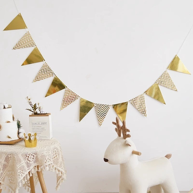 Gold Silver Paper Board Garland Banner Birthday Party Decoration Hollow Star Triangle Flag Wall Hanging Flags Photo Props Supply