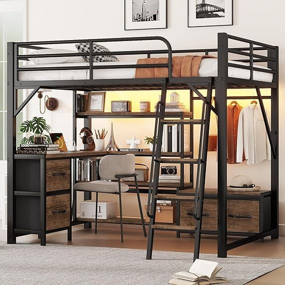 Cama Loft com Escrivaninha e Escadas, 4 Prateleiras e Gavetas de Armazenamento, Guarda-roupa, Camas Loft de Metal Completa com Luzes de LED e Ch
