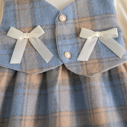 9 Months -3 Years Old Spring And Autumn New Plaid Baby Girl Dress, Sweet Bow Children'S Long Sleeved Clothes