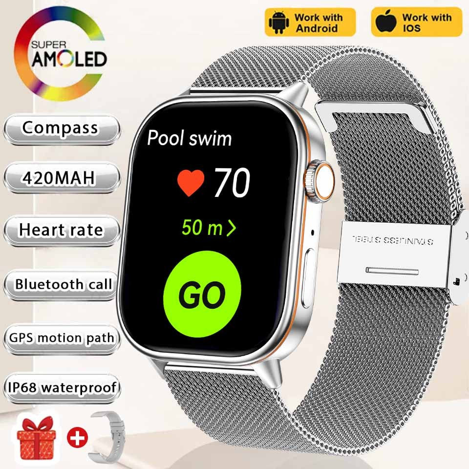 Smartwatch de Música Feminino 2025 Novo com Tela AMOLED HD de 2.01'' Moda, GPS de 6 Estrelas Embutido, Rastreador Impermeável e Chamada, Braceletes