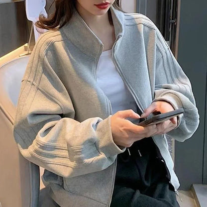 Short Sweatshirt Jacket Women's Autumn Winter Student Versatile Three Stripe Jacket Loose Fit Casual Style New Hot Sale Of The S