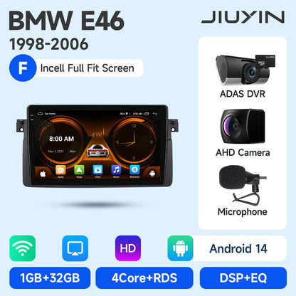 JIUYIN Android 15 Wireless Carplay Auto Rádio Estéreo Multimídia Automotivo Para BMW E46 M3 318 320 325 330 335 1998-2006 IPS