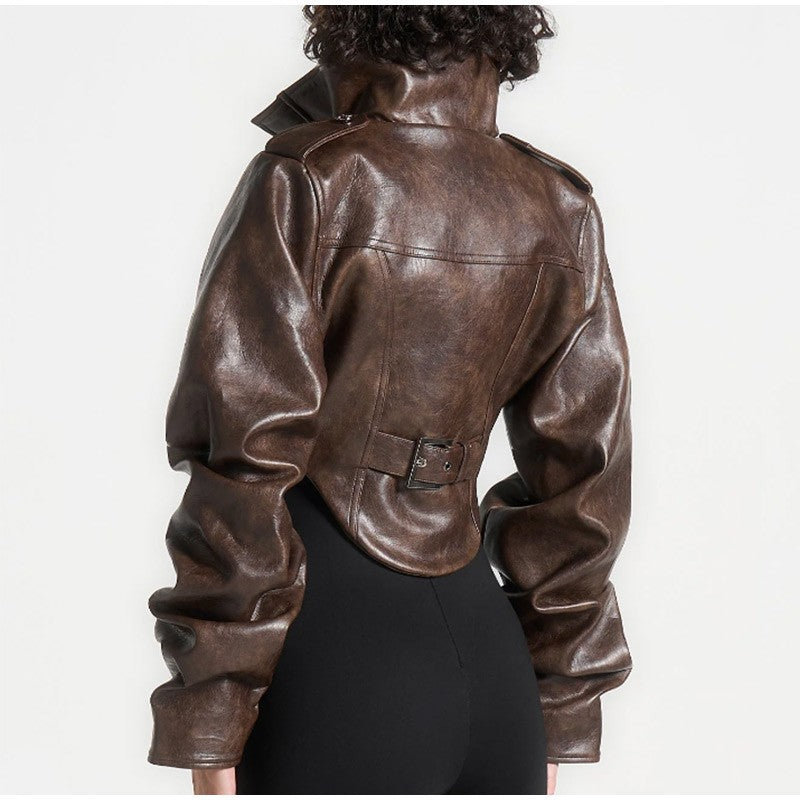 Vintage Women's Cropped Faux Leather Jacket Stand Collar Balloon Sleeve Biker Style PU Leather Coat Streetwear Fashion Outfit