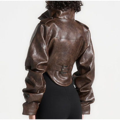 Vintage Women's Cropped Faux Leather Jacket Stand Collar Balloon Sleeve Biker Style PU Leather Coat Streetwear Fashion Outfit