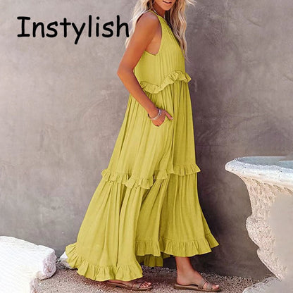 Women Casual Solid Ruffles Long Dress Summer Elegant Sleeveless Sundress Elegant