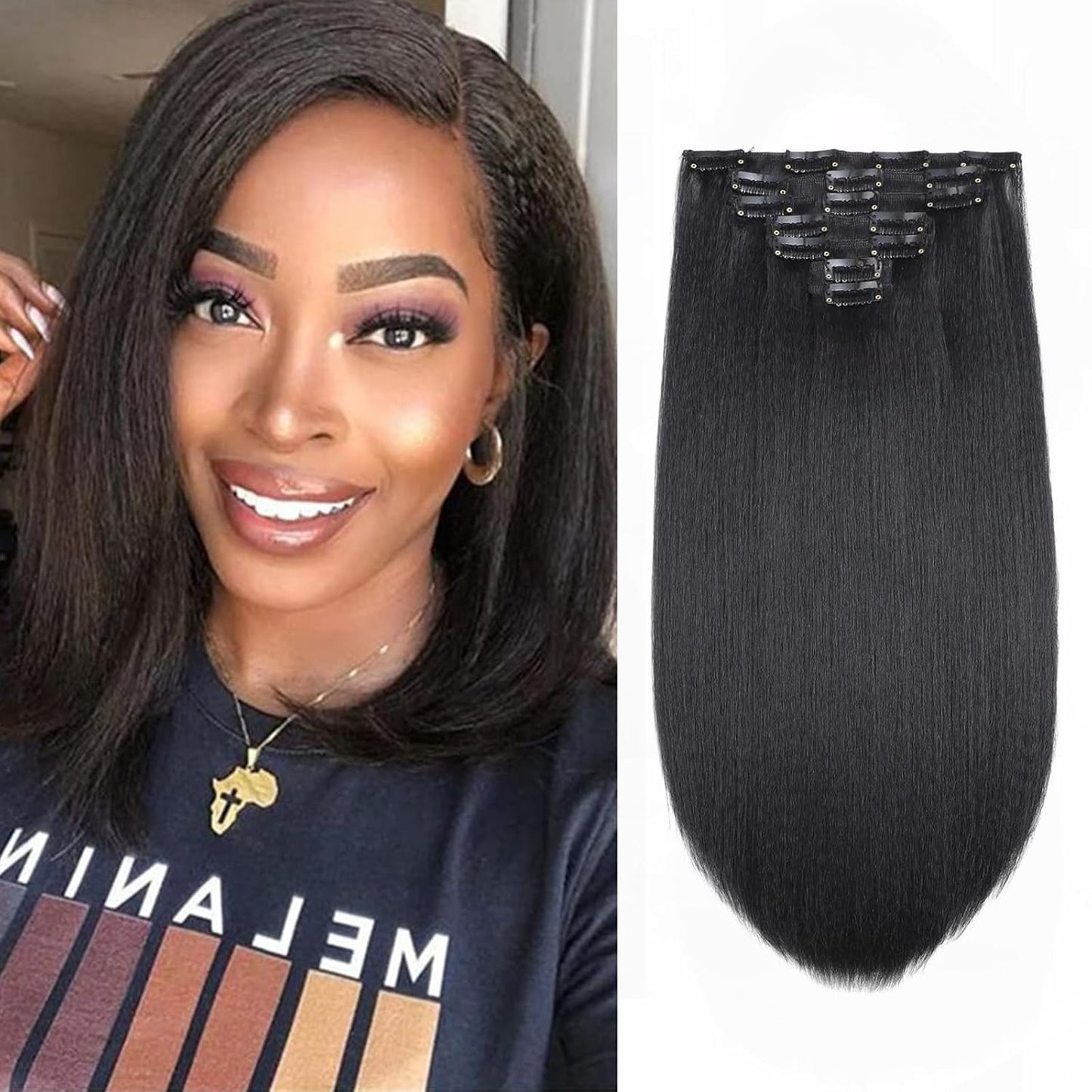 7 Peças de Extensões de Cabelo Kinky Straight Clip-in Cabeça Completa Yaki Straight Sem Emendas em Peças de Cabelo Sintético para Mulheres