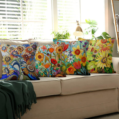 Flower Pillow Cover, Retro Oil Painting Flower Sea Pattern Sofa Decorative Cushion Covers Outdoor Upholstery Pillow Case