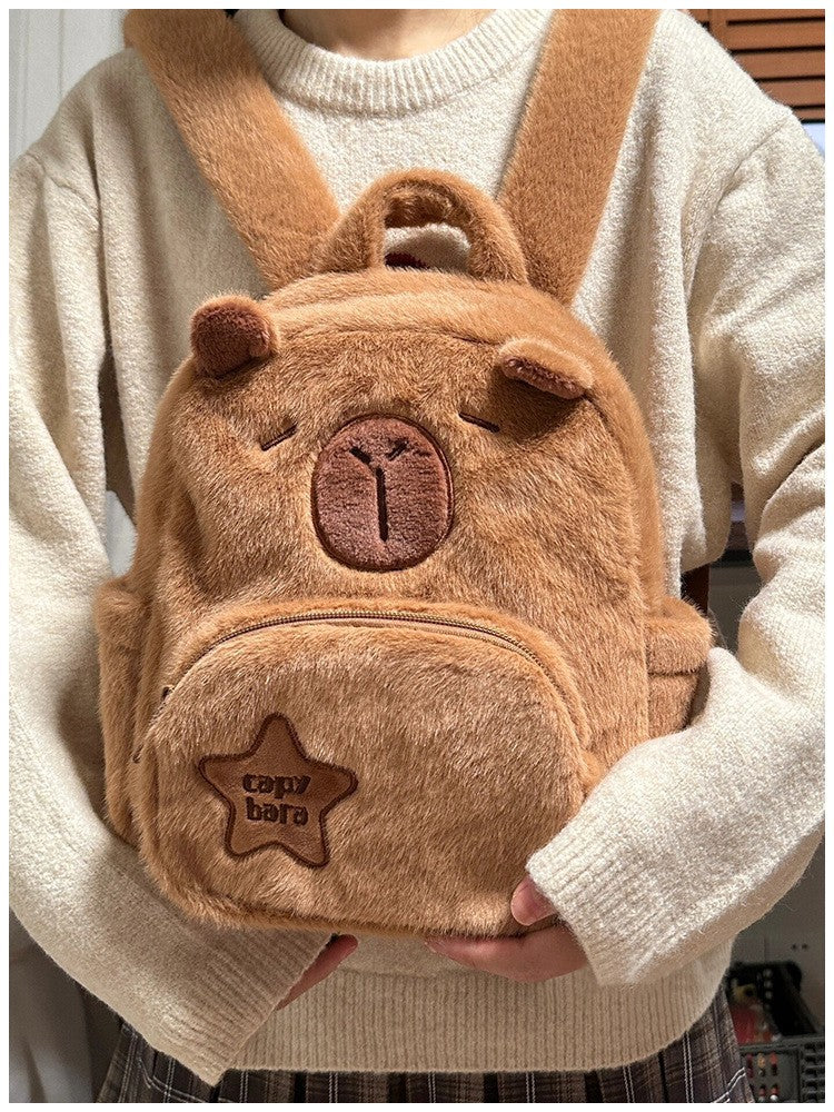 Bolsa Escolar Capivara Pelúcia Mochila Capivara Bolsa de Pelo Casual Versátil Mochila Escolar de Grande Capacidade 2025