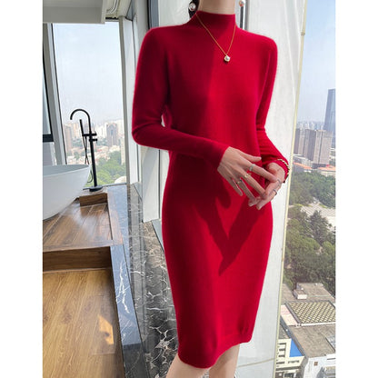 Autumn And Winter 100% Pure Wool Ladies Long Sweater Skirt Semi-High Collar Cashmere Dress Large Knit Bottoming Skirt