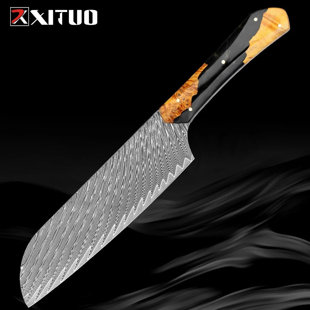 Conjunto de Facas de Chef XITUO Artesanais de Aço Damasco 1-5 peças, Facas de Cozinha Full Tang Extremamente Afiadas Santoku e Faca para Legumes, Cabo Ergonômico