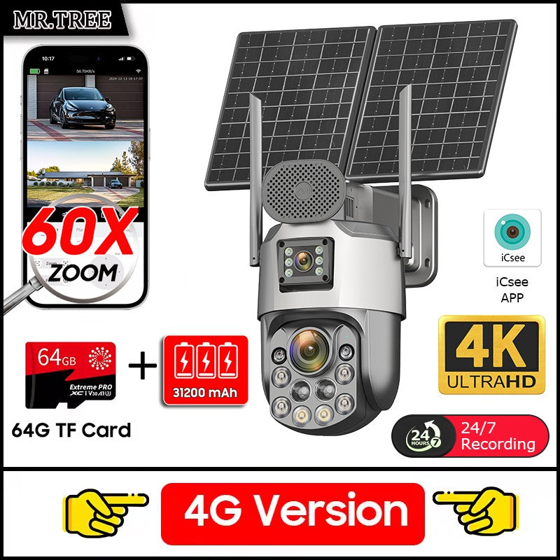 Câmeras de segurança solares externas 4K, 4G SIM, 2 lentes/tela, zoom óptico de 60x, rastreamento automático, PTZ 360°, câmera IP para vigilância residencial